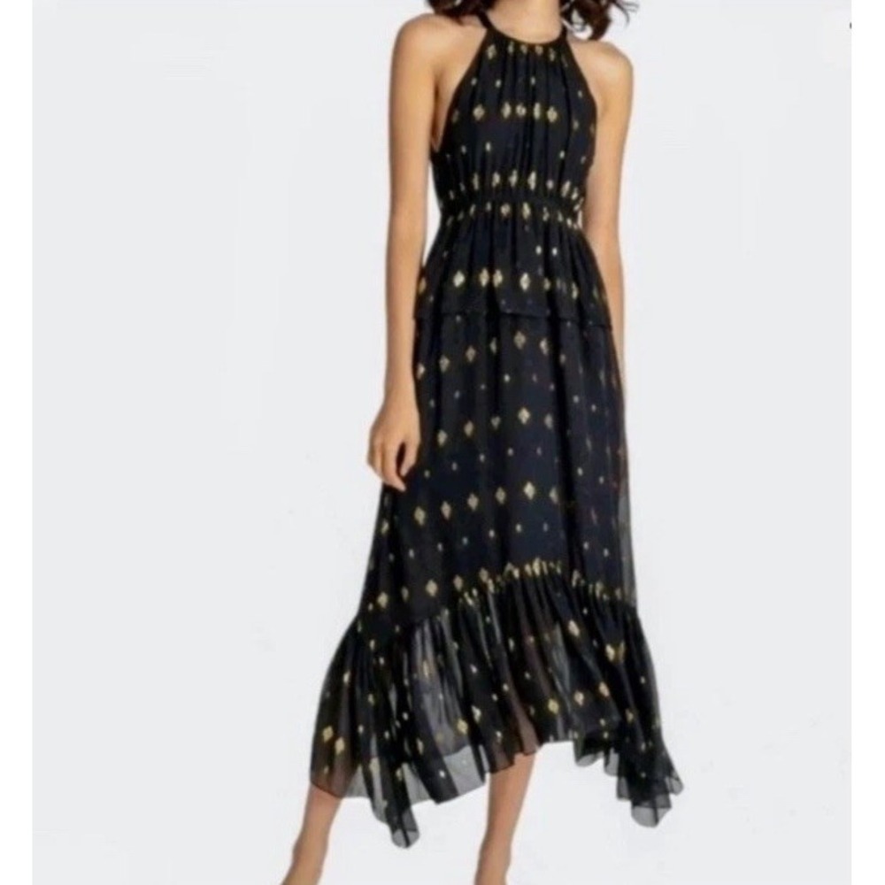 A.L.C. Rosa Dress‎ Midi Black Gold Metallic High Low Sleeveless Keyhole Size 2